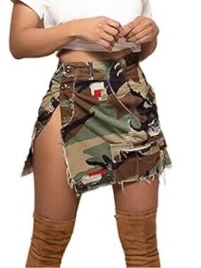 Camo Distressed Mini Skirt with Side Cut-Outs